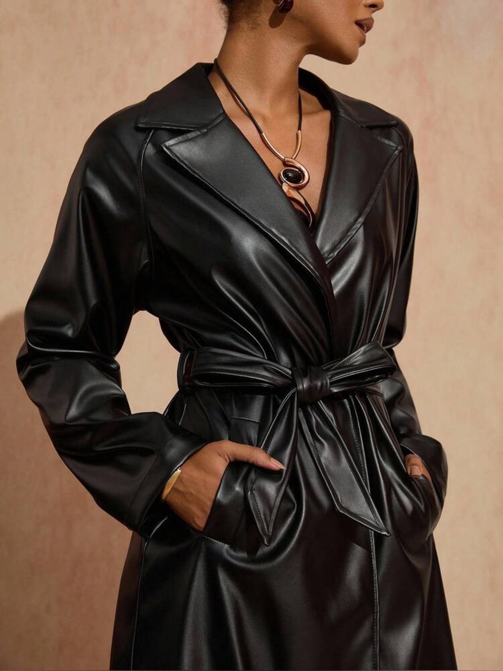 PrettyLittleThing Black Faux Leather Tie-Waist Trench Coat Sz 8